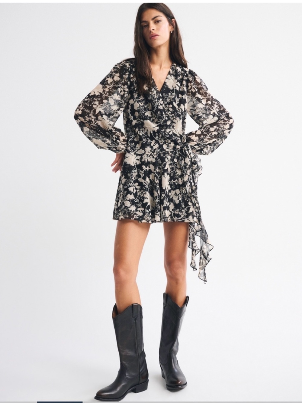 Abercrombie & Fitch Black and Cream Floral Wrap Mini Dress